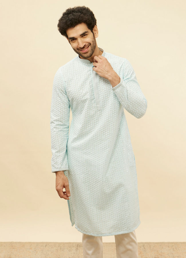 alt message - Manyavar Men Powder Blue Chikankari Sequinned Kurta Set image number 0